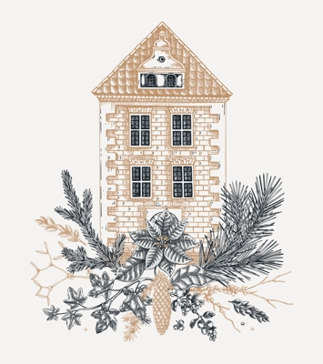 Christmas card design. European architecture sketch. Vintage brick house drawing. Winter trees hand-drawn vector illustration. NOT AI generated